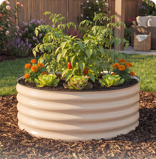 White raised garden bed with plants and flowers in a garden setting