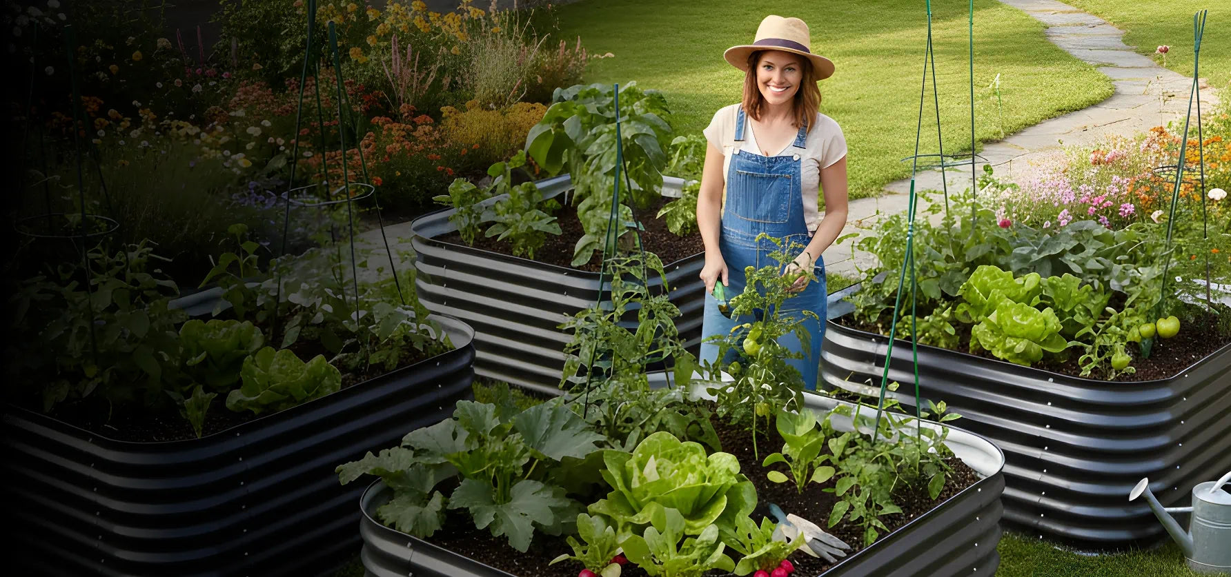 Woman tending to a garden with raised beds filled with plants