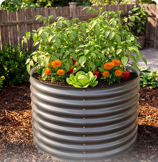 Metal garden planter with plants and flowers in a backyard setting