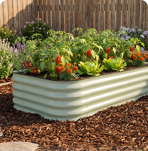 Raised garden bed with plants and flowers against a wooden fence