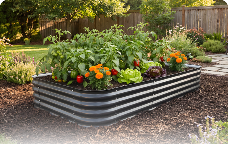 Raised garden bed with vegetables and flowers in a backyard setting