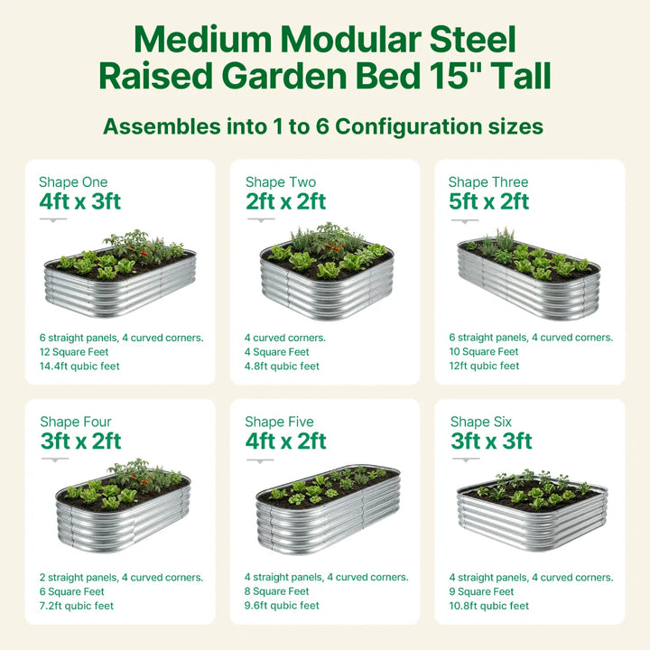 Medium Modular Steel Raised Garden Bed 15" Tall