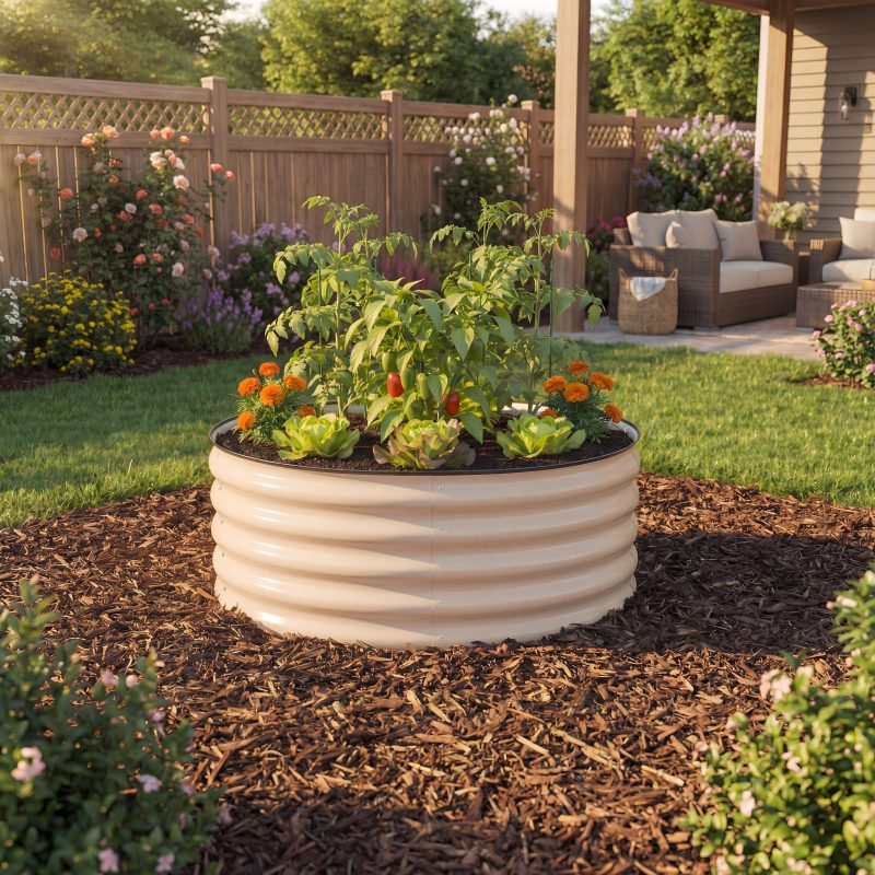 Short round beige raised garden bed