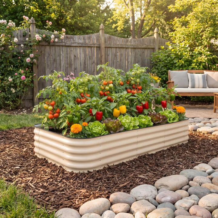 short and wide beige metal raised garden bed