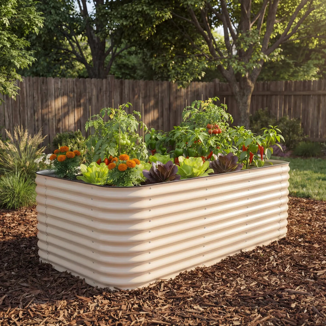 beige metal raised garden bed