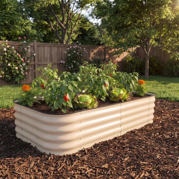 Short wide raised garden bed with plants and flowers in a backyard setting