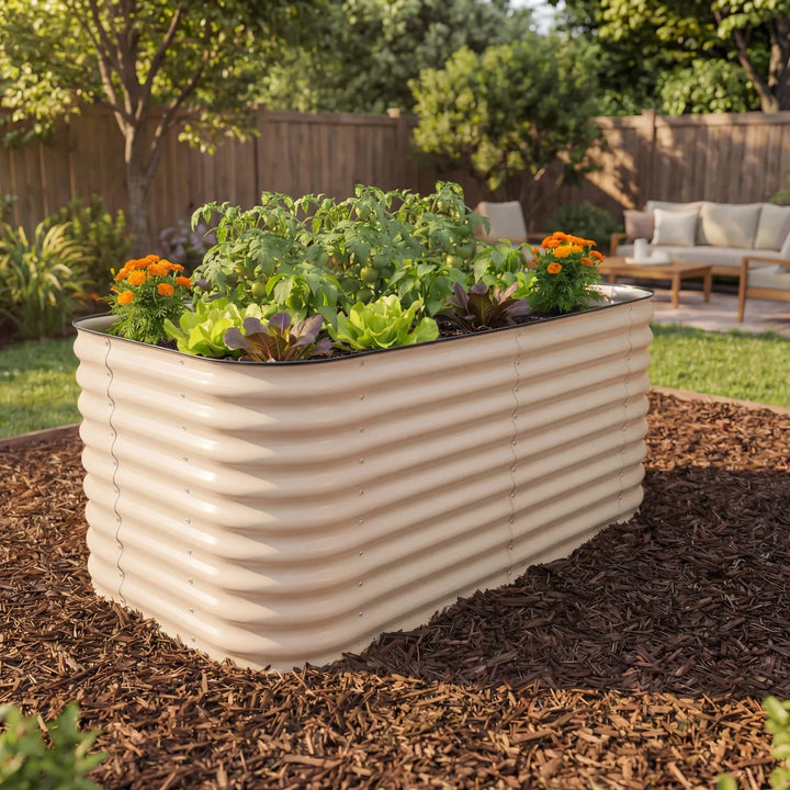 Large beige raised garden bed