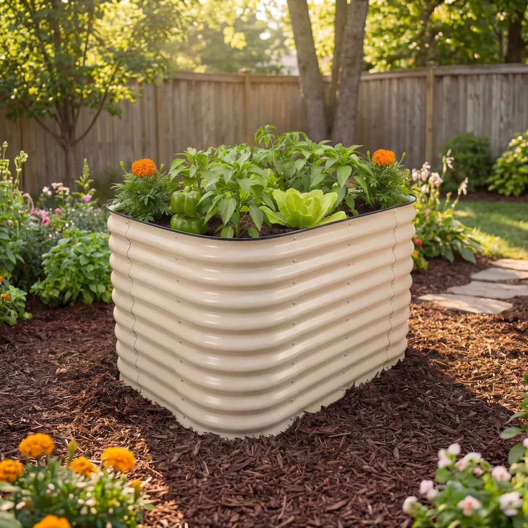 corrugated metal garden planter with plants and flowers in a backyard setting