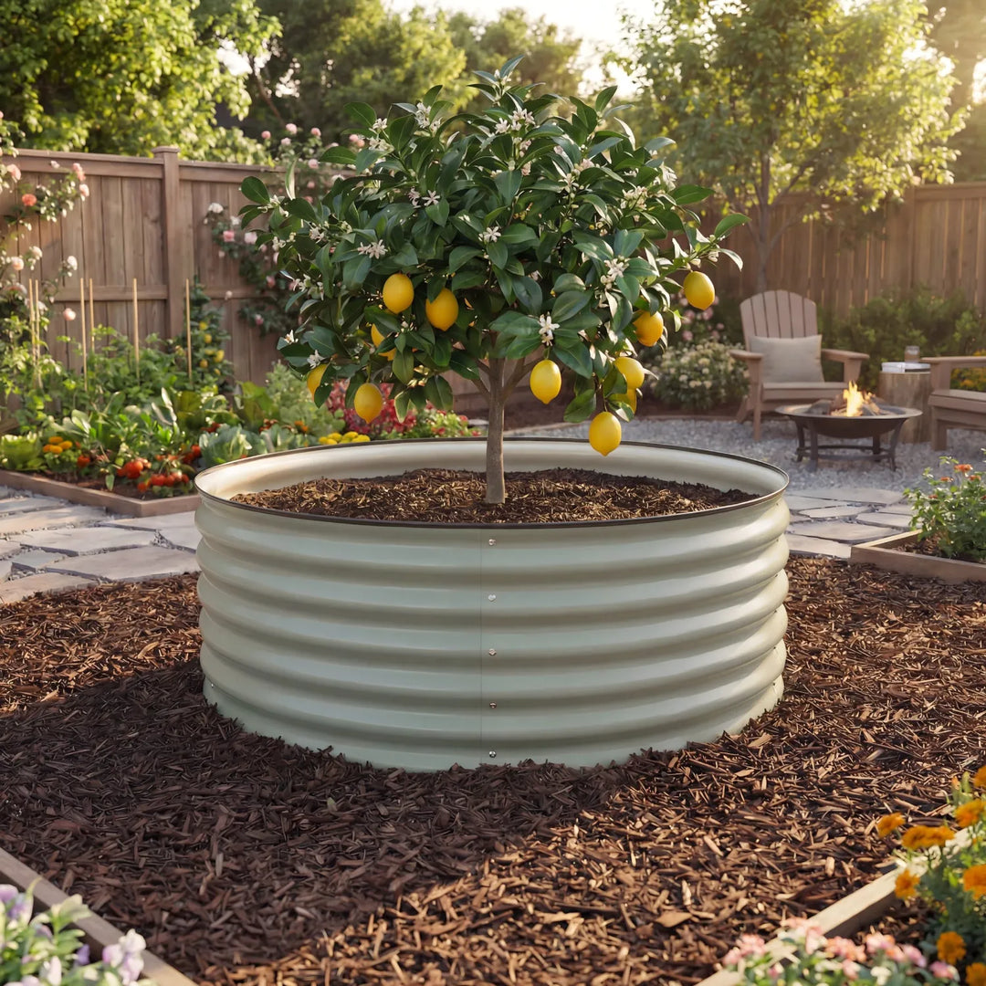 Short round green raised garden bed