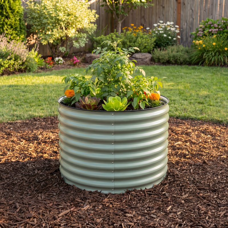 Green round raised garden bed