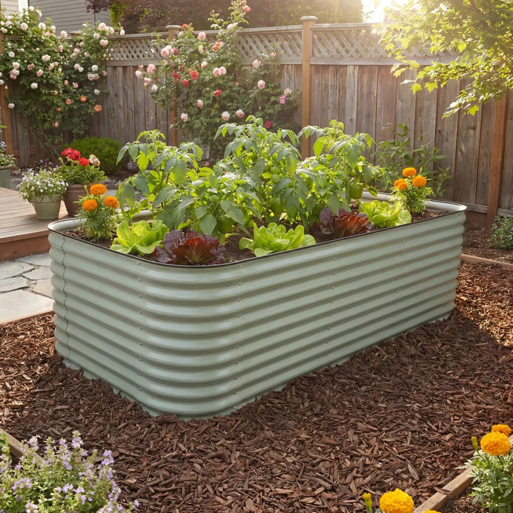 green metal raised garden bed
