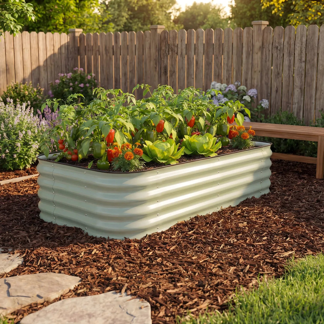 Green wide short raised garden bed with plants and flowers in a backyard 
