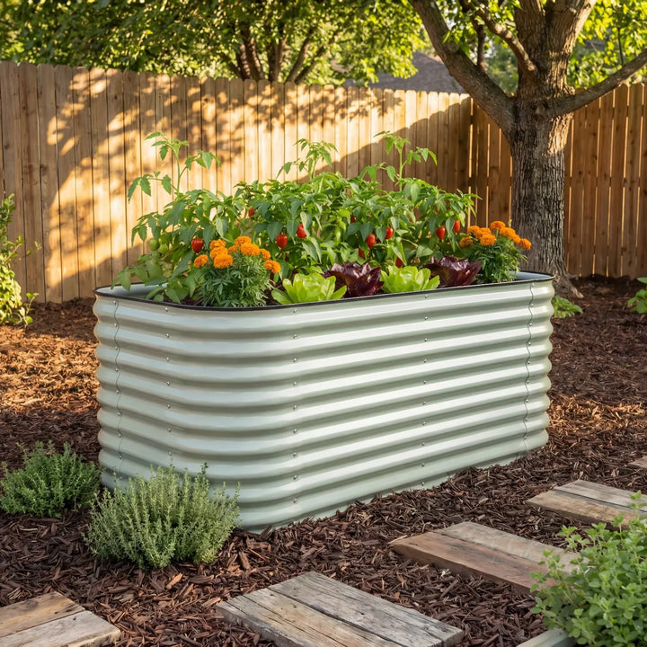 Tall green raised garden bed