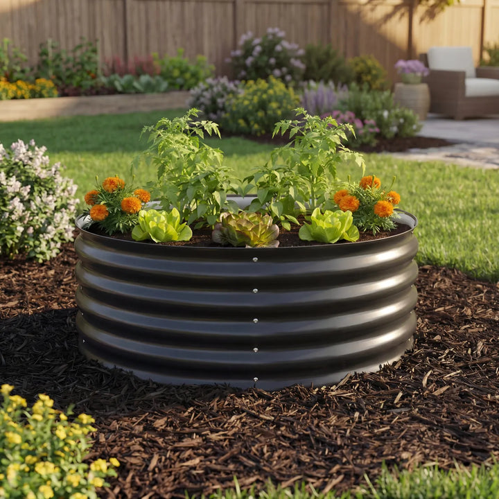 Short round black raised garden bed