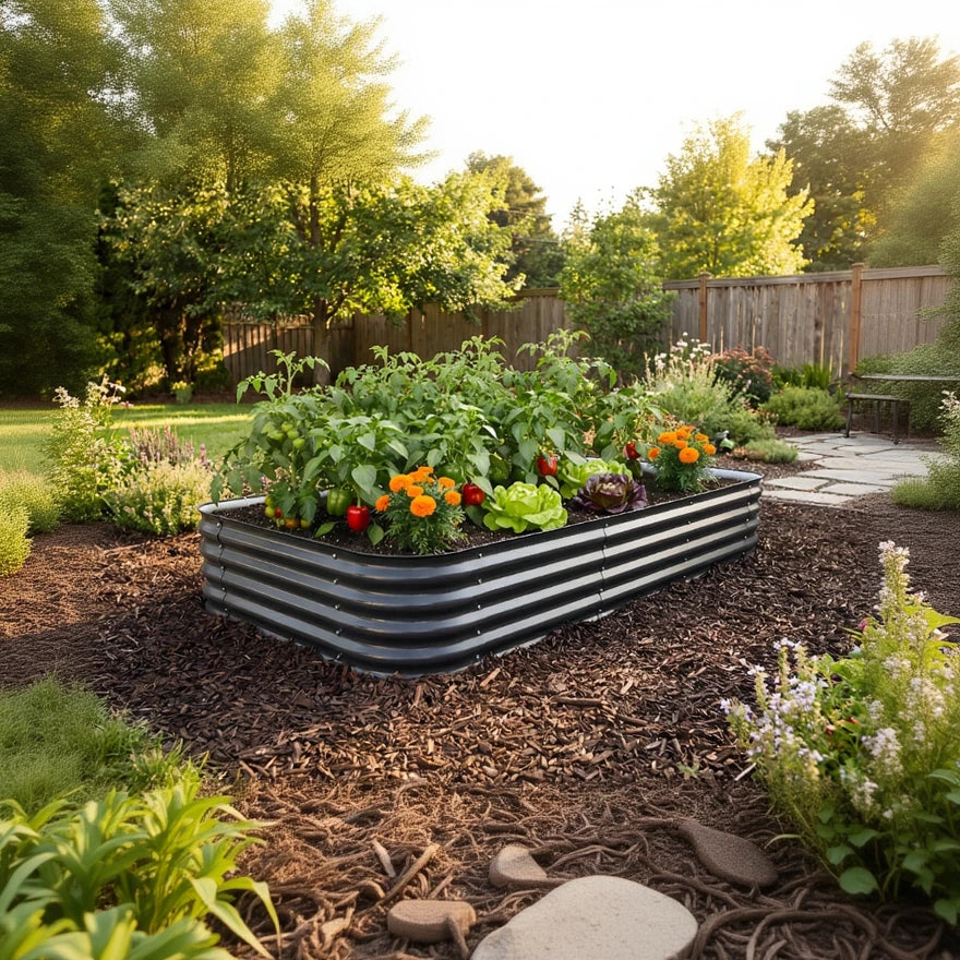 short wide black metal raised garden bed
