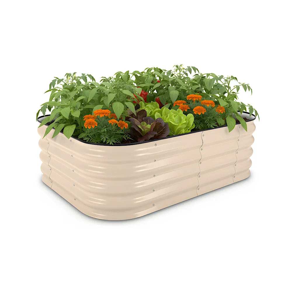Beige raised garden bed with plants on a white background
