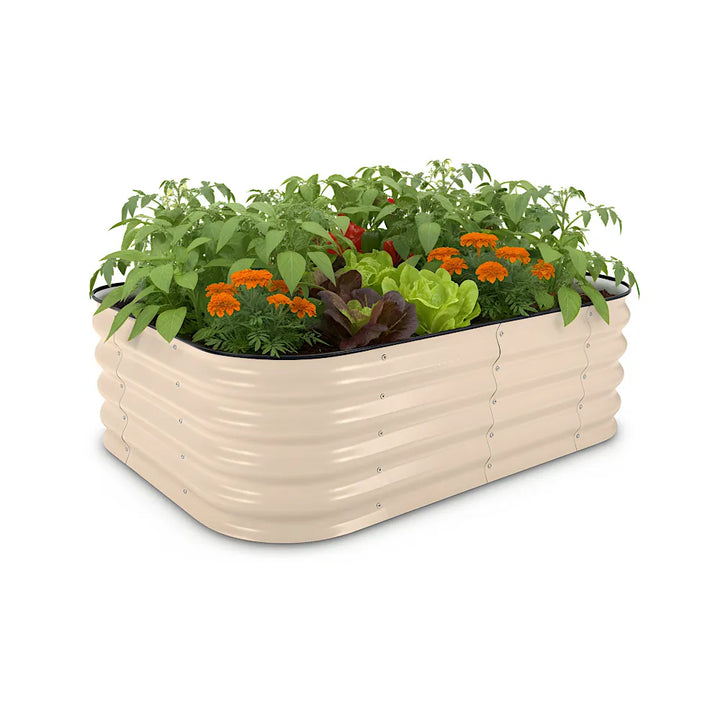 Beige raised garden bed with plants on a white background