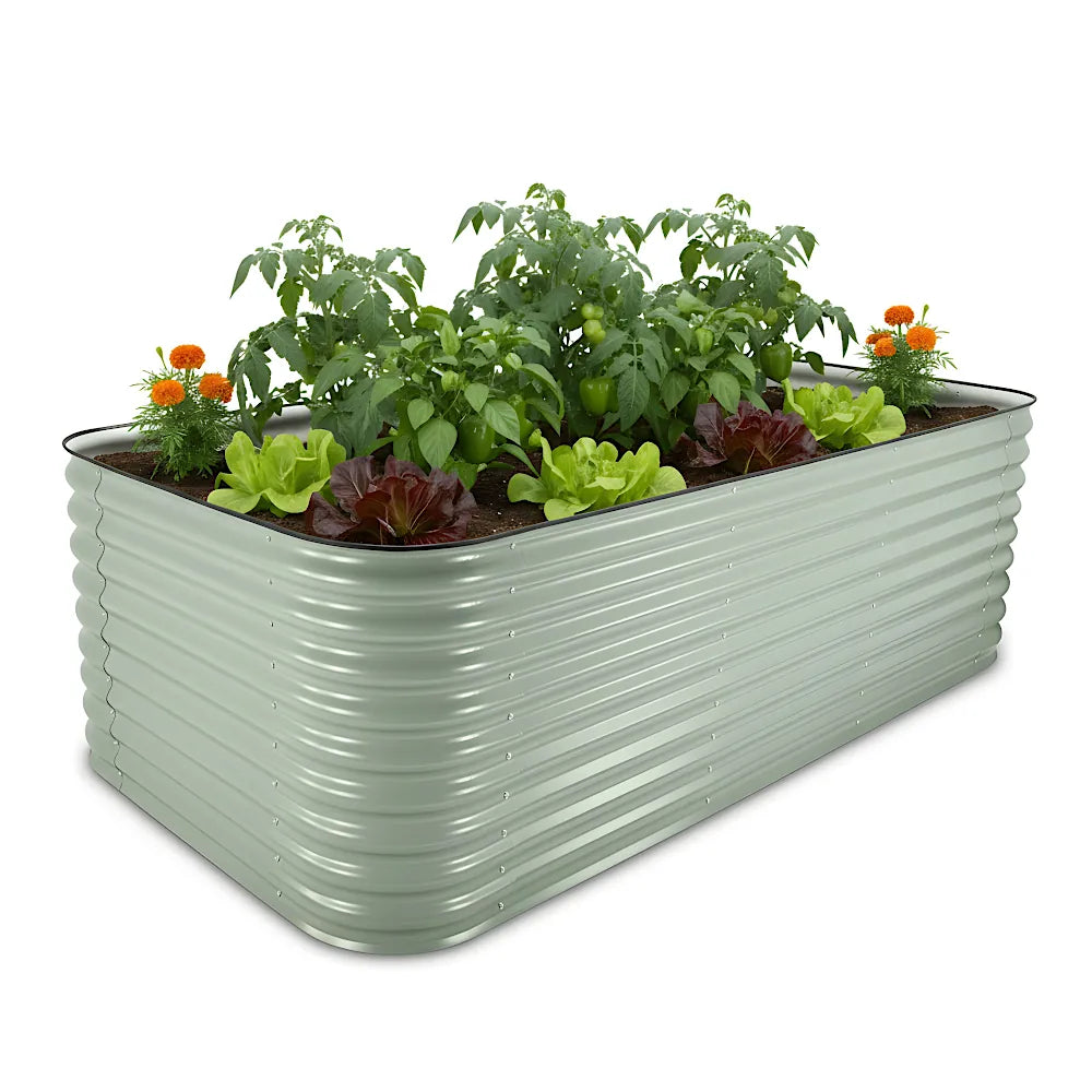Green metal raised garden bed with plants and flowers on a white background