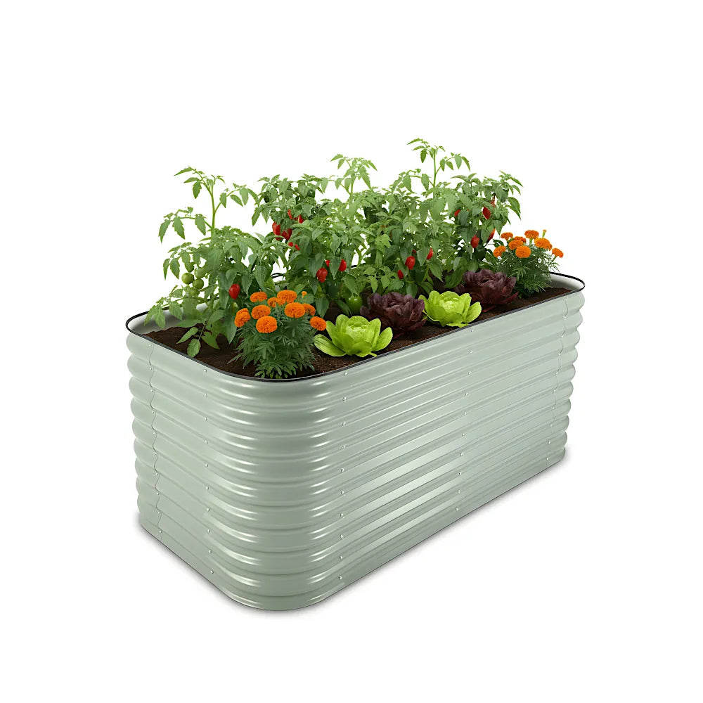 Rectangular metal planter with plants on a white background