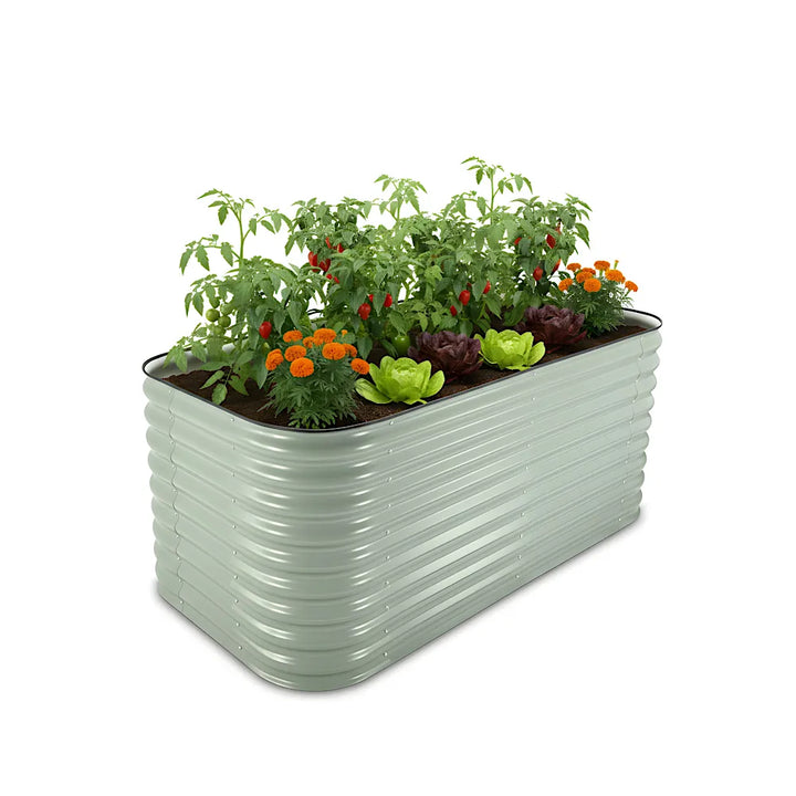 Rectangular metal planter with plants on a white background