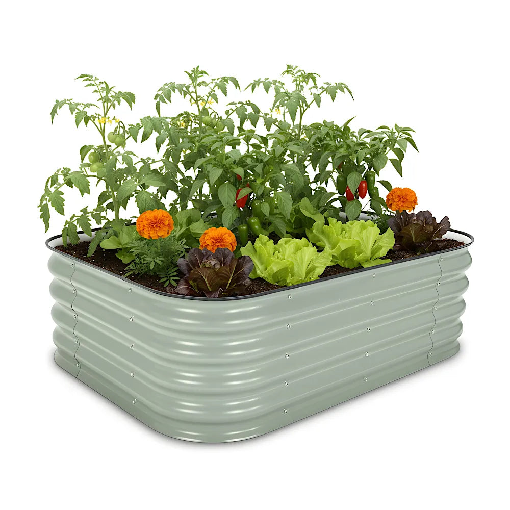 Green metal raised garden bed with plants and flowers on a white background