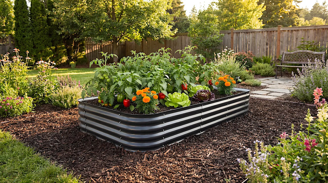 Raised garden bed with vegetables in a backyard setting