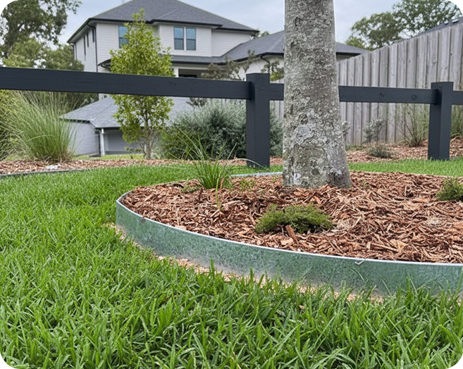 Lawn with mulched tree bed and house in the background