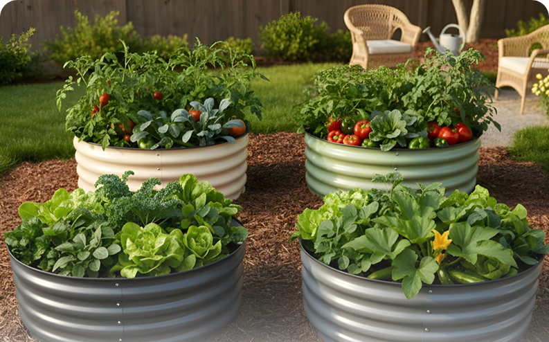 Four metal planters with various plants and vegetables in a garden setting.
