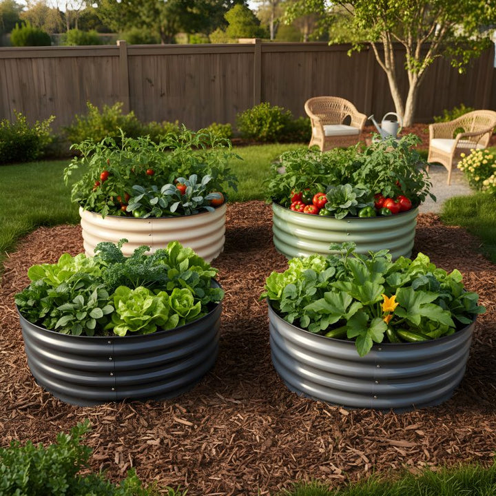 Four garden planters with various plants and vegetables in a backyard setting.