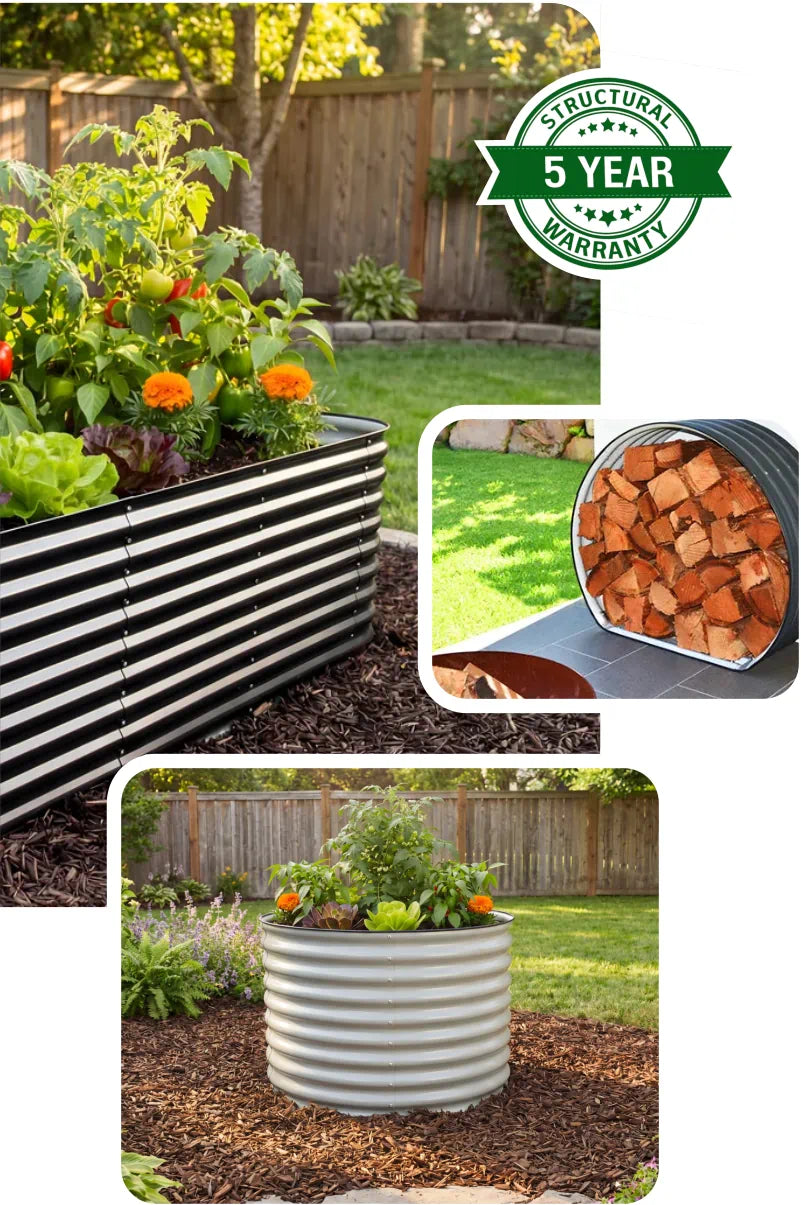 Collage of garden planters with a 5-year warranty badge.