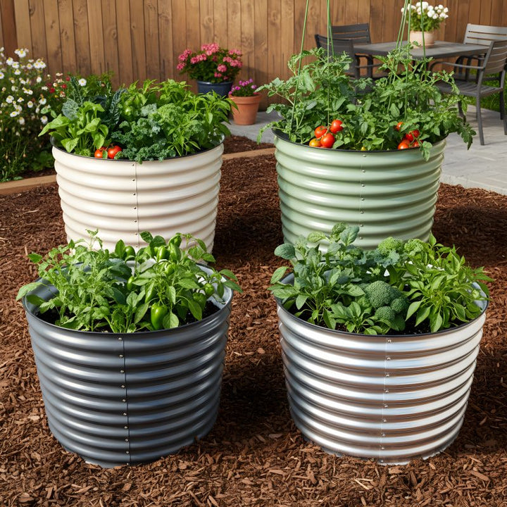 Four corrugated metal planters with plants on a wooden deck.