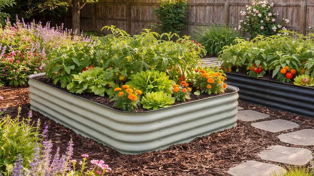 Raised garden bed with vegetables and flowers in a backyard setting