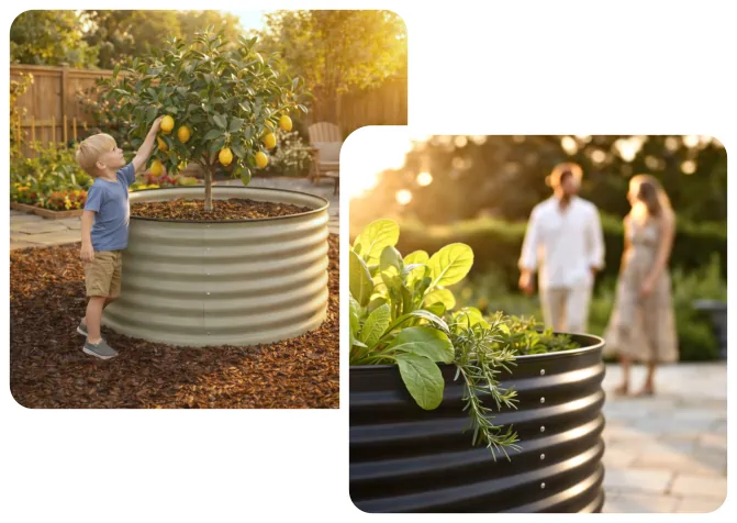 Collage of people and a dog interacting with large garden planters in an outdoor setting.