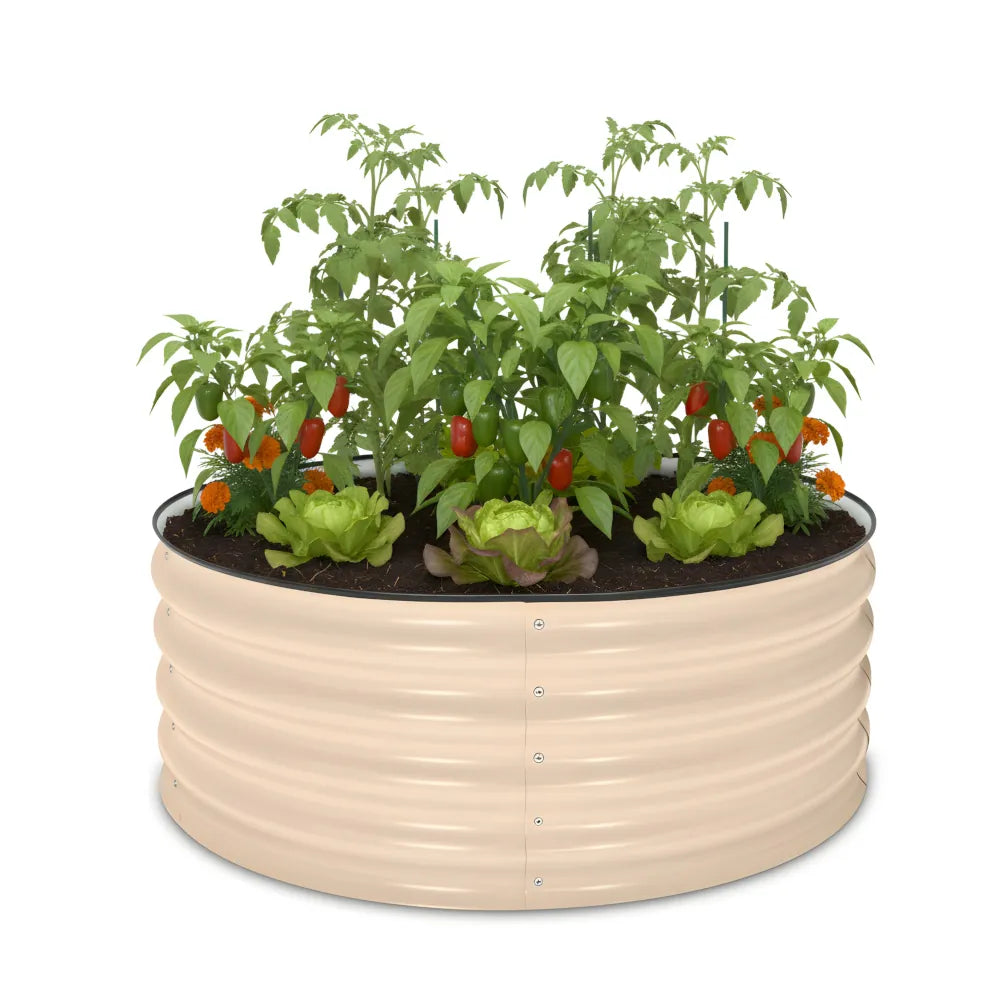 Beige raised garden bed with plants and vegetables on a white background