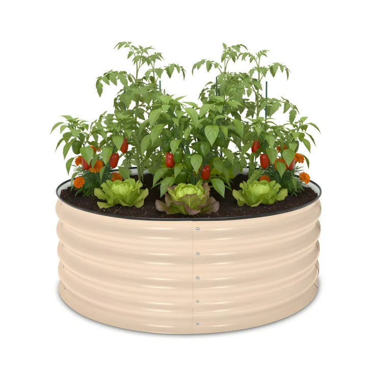 Beige raised garden bed with plants and vegetables on a white background