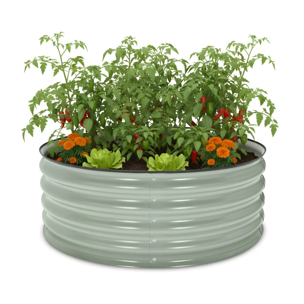 Green metal raised garden bed with plants and flowers on a white background