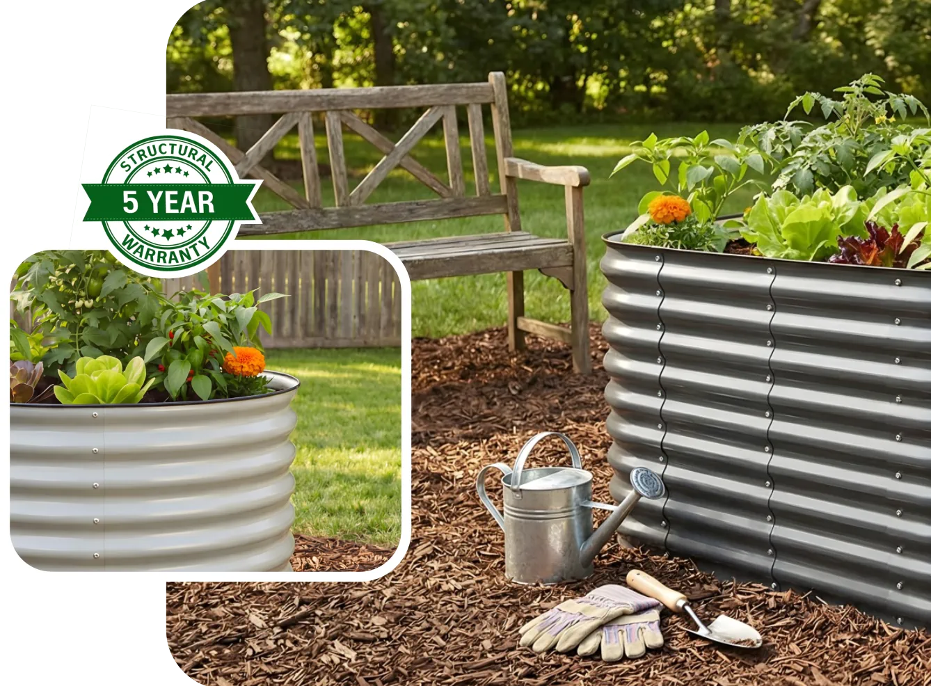Garden scene with metal planters, bench, and gardening tools on a grassy background.