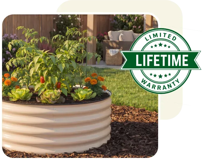 Raised garden bed with plants and a 5-year structural warranty badge in an outdoor setting.