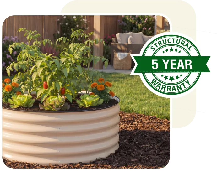 Raised garden bed with plants and a 5-year structural warranty badge in an outdoor setting.